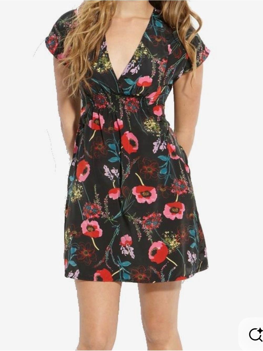 Floral V-Neck Short Dress - Black with Pink & Red Flowers